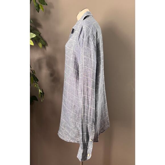Saks Fifth Avenue Mens Blue Linen Slim Fit Plaid Button Down Shirt Size Large - Picture 3 of 6